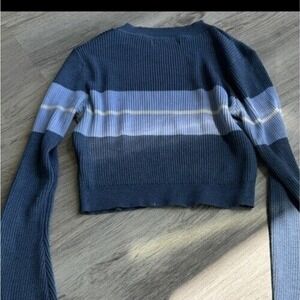 Women Junior Blue Stripped Long Sleeve Crop Color block Sweater Shein #488‎
